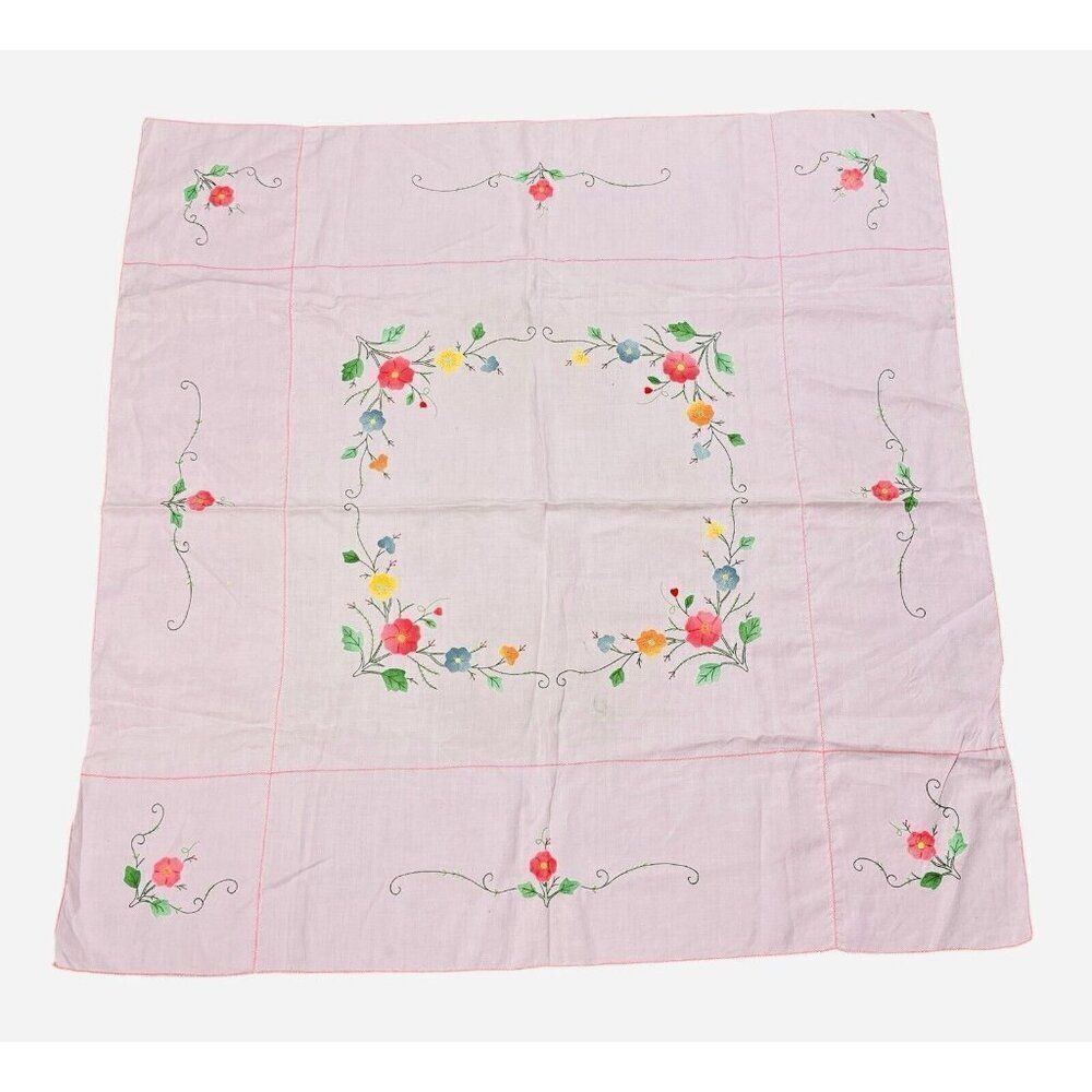 Vintage Handmade Pink Square Embroidered Floral Tablecloth 42 x 41 Appliqué Cute